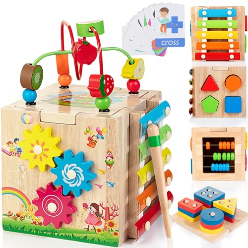 Bravmate Wooden Activity Cube, 8-in-1 Wooden Montessori Learning Toys for 18 M+ Toddlers, One Year Old First Birthday Gift, Baby Toy Set with Bonus Sorting & Stacking Board - Image 1