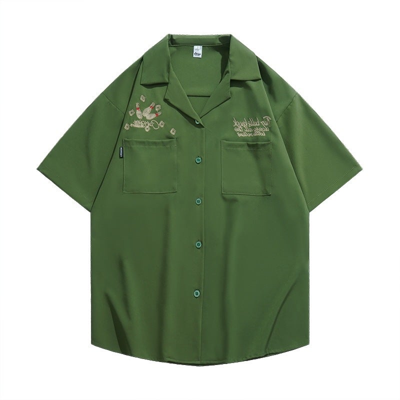 Generic Fried Street Ins Summer Motorcycle Retro Thin American Style Trendy Brand hiphop Shirt Mens Short Sleeve Racing Suit Loose Shirt 1266 military green