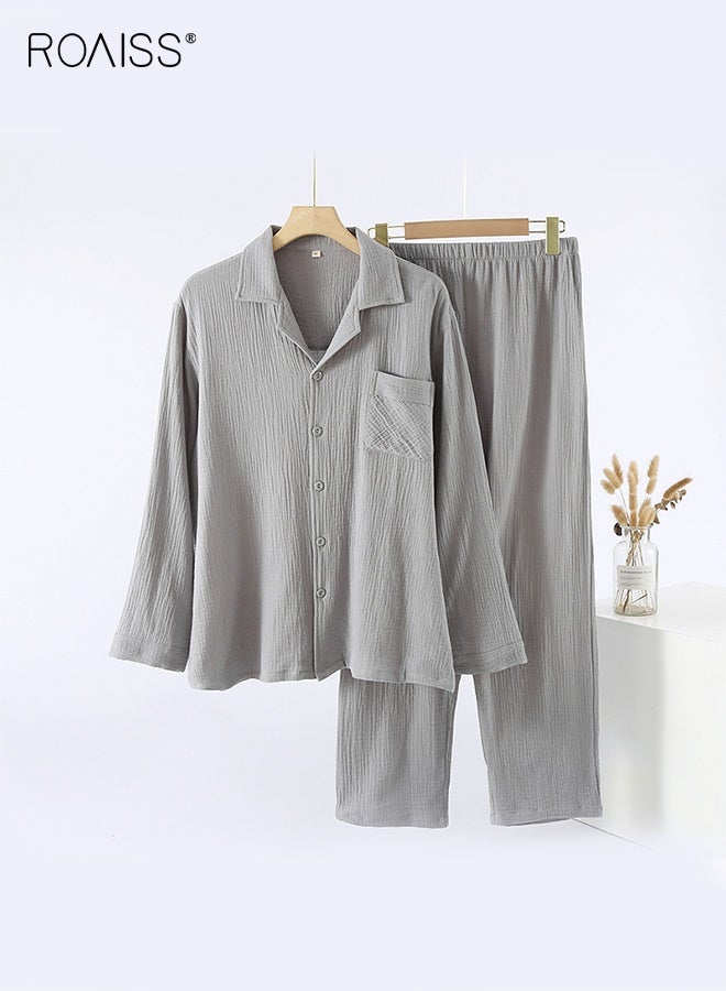 رويس طقم بيجامات رجالي منسوج من طبقتين من القطن الخالص بدون طباعة منقوشة للارتداء المنزلي بأكمام طويلة وبنطلون رقيق ومريح وخفيف الوزن وقابل للتهوية ملابس نوم مريحة من جيري - Image 1