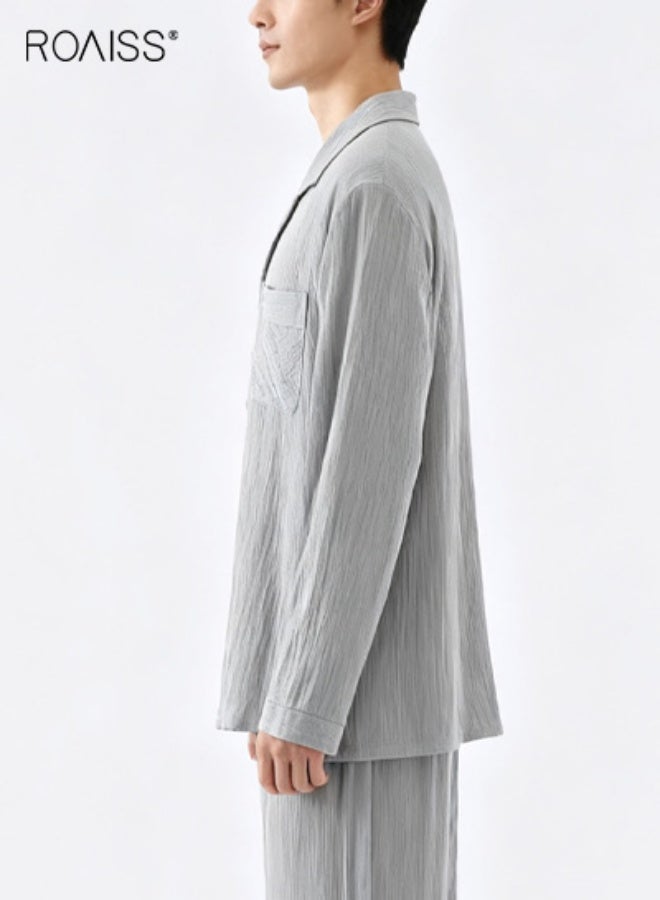 رويس طقم بيجامات رجالي منسوج من طبقتين من القطن الخالص بدون طباعة منقوشة للارتداء المنزلي بأكمام طويلة وبنطلون رقيق ومريح وخفيف الوزن وقابل للتهوية ملابس نوم مريحة من جيري - Image 5