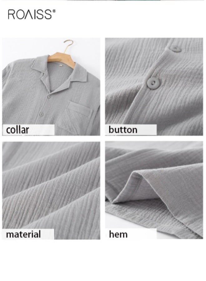 رويس طقم بيجامات رجالي منسوج من طبقتين من القطن الخالص بدون طباعة منقوشة للارتداء المنزلي بأكمام طويلة وبنطلون رقيق ومريح وخفيف الوزن وقابل للتهوية ملابس نوم مريحة من جيري - Image 4