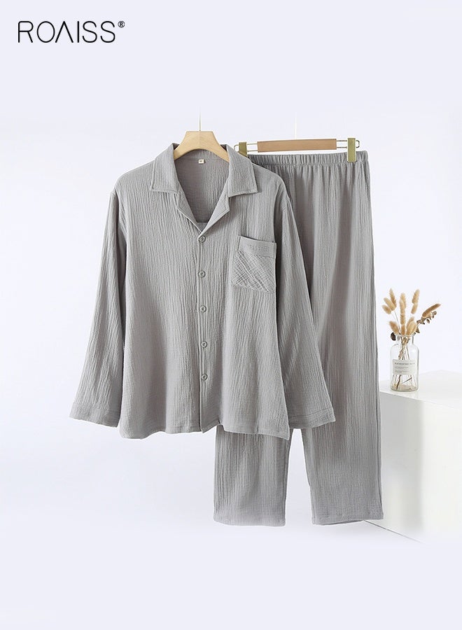 رويس طقم بيجامات رجالي منسوج من طبقتين من القطن الخالص بدون طباعة منقوشة للارتداء المنزلي بأكمام طويلة وبنطلون رقيق ومريح وخفيف الوزن وقابل للتهوية ملابس نوم مريحة من جيري - Image 2