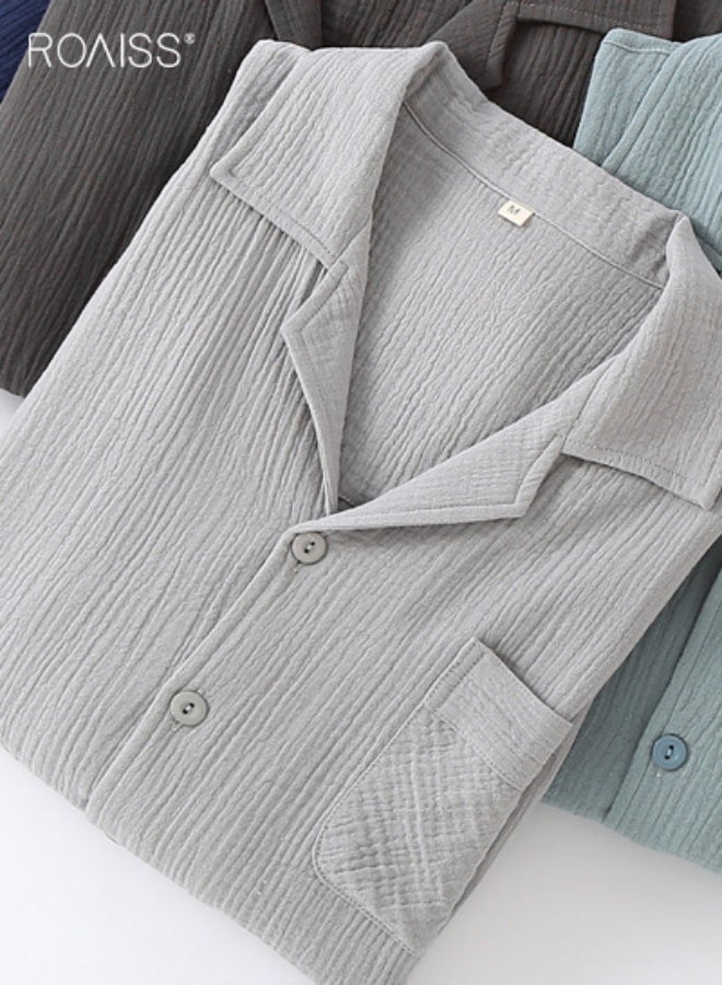 رويس طقم بيجامات رجالي منسوج من طبقتين من القطن الخالص بدون طباعة منقوشة للارتداء المنزلي بأكمام طويلة وبنطلون رقيق ومريح وخفيف الوزن وقابل للتهوية ملابس نوم مريحة من جيري - Image 3