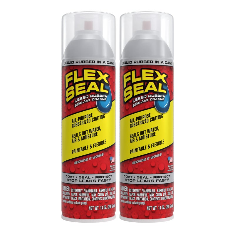 Flex Seal, 14 oz, 2-Pack, Clear, Stop Leaks Instantly, Transparent Waterproof Rubber Spray On Sealant Coating, Perfect for Gutters, Wood, RV, Campers, Roof Repair, Skylights, Windows, and More - Image 1