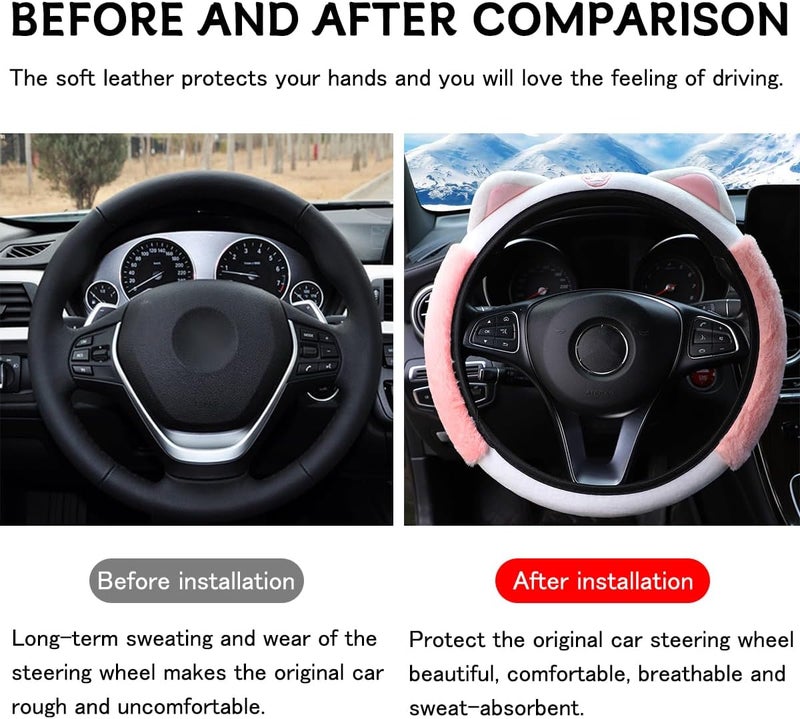 Bittwee Car Steering Wheel Cover, Fluffy Soft Plush for Winter Warm, Cute Steering Wheel Protector with Kitty Cat Ears, Universal 15 Inch, Elastic & Anti-Slip, Lovely Decor Car Accessories (Pink) - Image 2