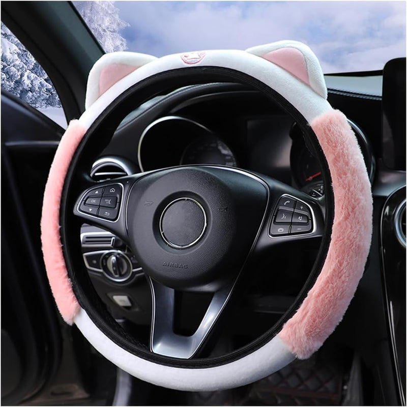 Bittwee Car Steering Wheel Cover, Fluffy Soft Plush for Winter Warm, Cute Steering Wheel Protector with Kitty Cat Ears, Universal 15 Inch, Elastic & Anti-Slip, Lovely Decor Car Accessories (Pink) - Image 1