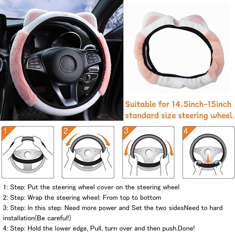Bittwee Car Steering Wheel Cover, Fluffy Soft Plush for Winter Warm, Cute Steering Wheel Protector with Kitty Cat Ears, Universal 15 Inch, Elastic & Anti-Slip, Lovely Decor Car Accessories (Pink) - Image 5
