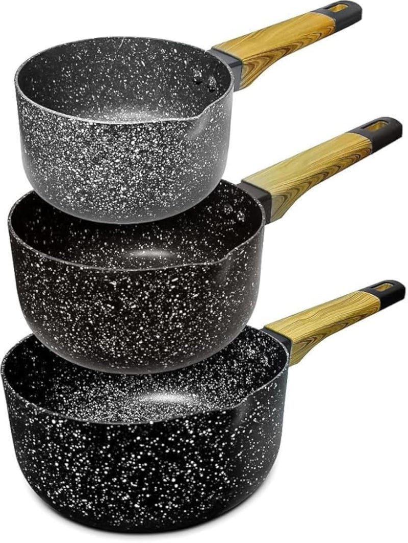 Granite Saucepan Set, 3-Piece Cookware (14/16/18 CM), Non-Stick, PFOA-Free, High Rim, Induction & Gas Stove Safe, Soft-Touch Handles, Durable & Easy to Clean Cooking Pots