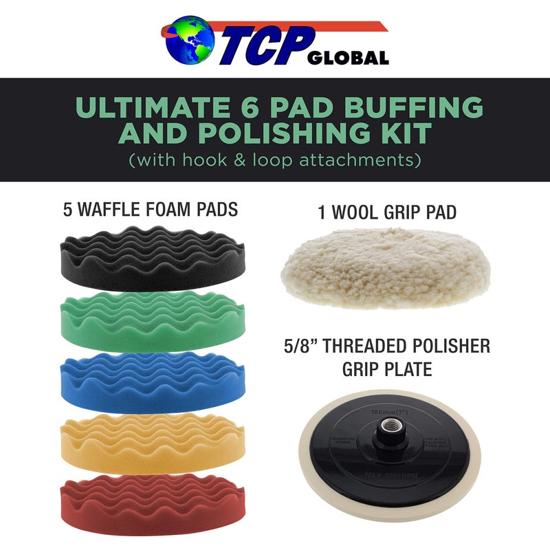 TCP Global Ultimate 6 Pad Buffing and Polishing Kit with 6-8" Pads; 5 TCP Global Waffle Foam & 1 Wool Grip Pads and a 5/8" Threaded Polisher Grip Backing Plate  - Image 2