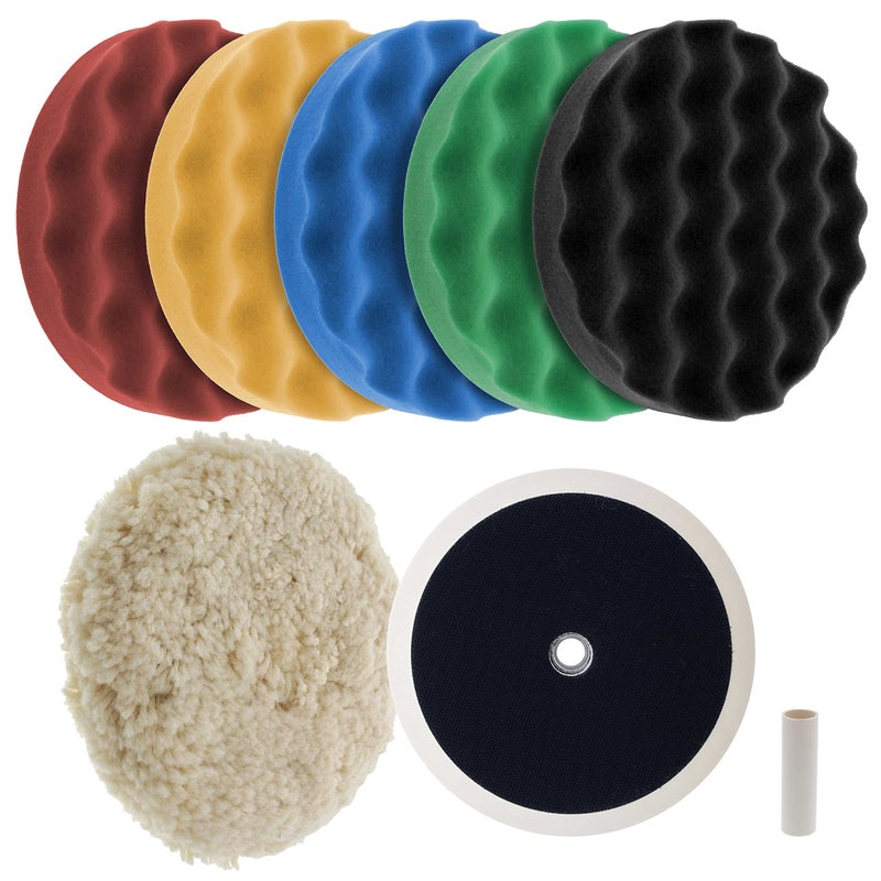 TCP Global Ultimate 6 Pad Buffing and Polishing Kit with 6-8" Pads; 5 TCP Global Waffle Foam & 1 Wool Grip Pads and a 5/8" Threaded Polisher Grip Backing Plate  - Image 1