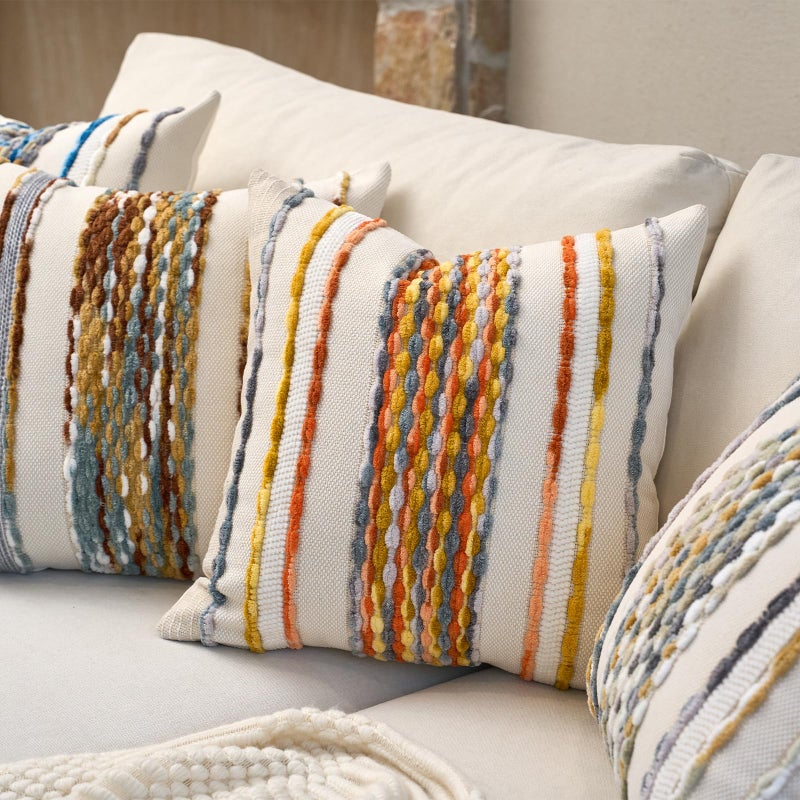 Aeckself Boho Pillow Covers 18x18 Inch Set of 2, Farmhouse Decorative Striped Square Chenille Tufted Accent Neutral Throw Pillow Covers for Living Room Couch Bed, Yellow Orange - Image 4