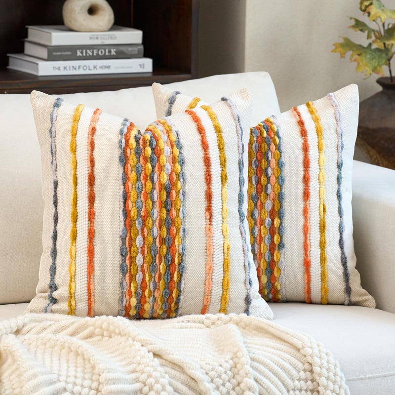 Aeckself Boho Pillow Covers 18x18 Inch Set of 2, Farmhouse Decorative Striped Square Chenille Tufted Accent Neutral Throw Pillow Covers for Living Room Couch Bed, Yellow Orange - Image 1