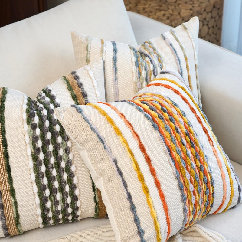 Aeckself Boho Pillow Covers 18x18 Inch Set of 2, Farmhouse Decorative Striped Square Chenille Tufted Accent Neutral Throw Pillow Covers for Living Room Couch Bed, Yellow Orange - Image 5