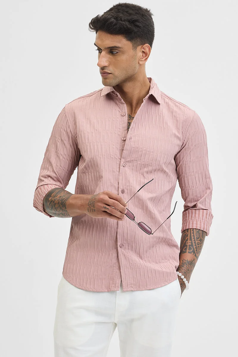 سنيتش Peach Textured Long Sleeve Slim Fit Casual Shirt