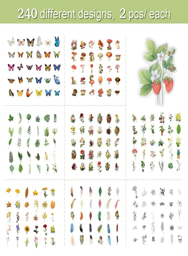 Imeepa 480 Pieces Plant Scrapbooking Stickers, 8 Series Nature Theme Transparent Stickers, Waterproof Flowers, Mushroom, Butterfly, Feather Stickers for Scrapbooking, Diary, DIY, Craft, Planner - Image 3