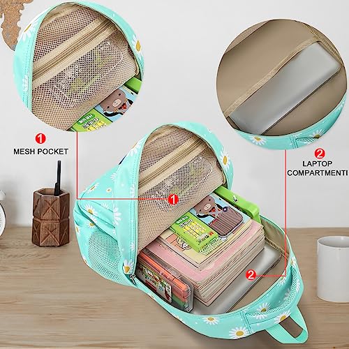LEDAOU Backpack for Kids Girls Boys School Bags Teen Bookbags Set School Backpack with Lunch Box and Pencil Case (White Daisy Green) - Image 4