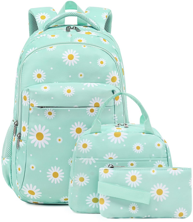 LEDAOU Backpack for Kids Girls Boys School Bags Teen Bookbags Set School Backpack with Lunch Box and Pencil Case (White Daisy Green) - Image 1
