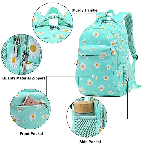LEDAOU Backpack for Kids Girls Boys School Bags Teen Bookbags Set School Backpack with Lunch Box and Pencil Case (White Daisy Green) - Image 5
