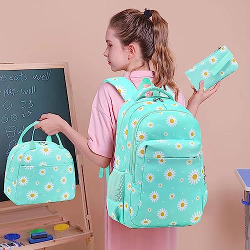 LEDAOU Backpack for Kids Girls Boys School Bags Teen Bookbags Set School Backpack with Lunch Box and Pencil Case (White Daisy Green) - Image 2