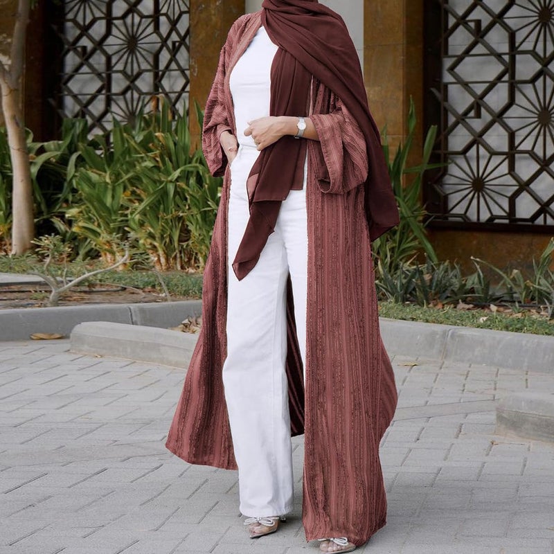 IWEMEK Front Open Abayas for Women Muslim with Hijab Scarf Women Prayer Clothes with Hijab Muslim Outfits Long Robe Abaya Dress for Women Dubai Style Cardi Robe Islamic Kaftans Eid Ramadan Dress Brick-red S - Image 3