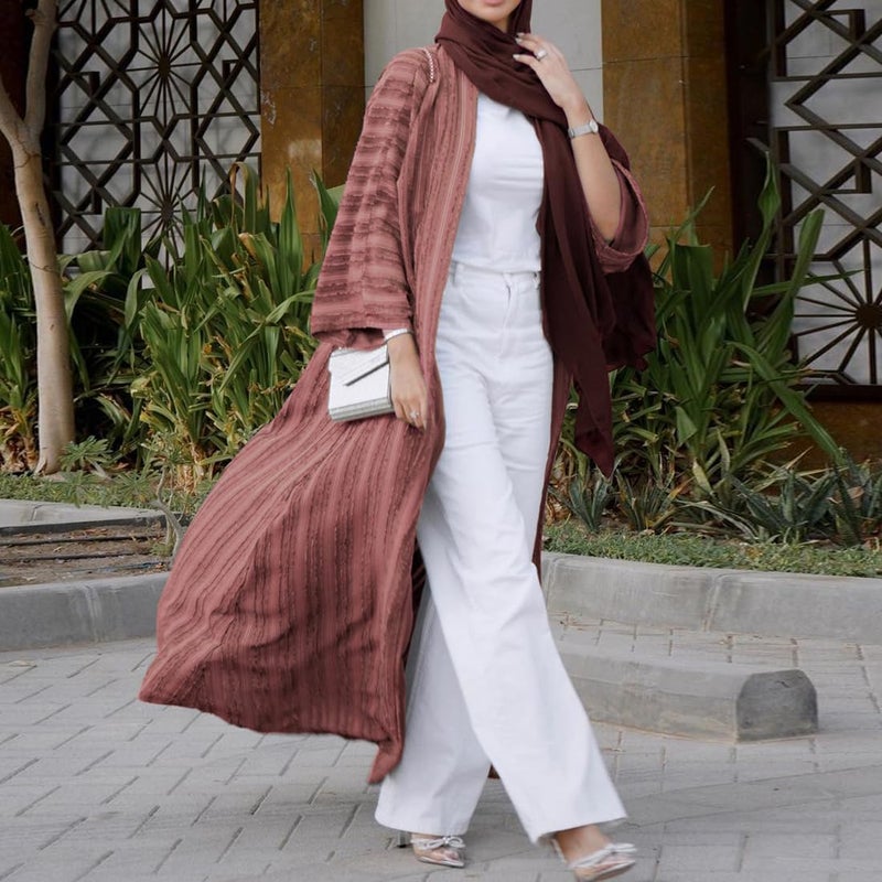 IWEMEK Front Open Abayas for Women Muslim with Hijab Scarf Women Prayer Clothes with Hijab Muslim Outfits Long Robe Abaya Dress for Women Dubai Style Cardi Robe Islamic Kaftans Eid Ramadan Dress Brick-red S - Image 2
