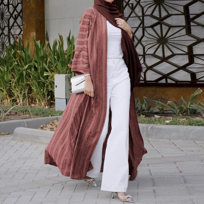 IWEMEK Front Open Abayas for Women Muslim with Hijab Scarf Women Prayer Clothes with Hijab Muslim Outfits Long Robe Abaya Dress for Women Dubai Style Cardi Robe Islamic Kaftans Eid Ramadan Dress Brick-red S - Image 5