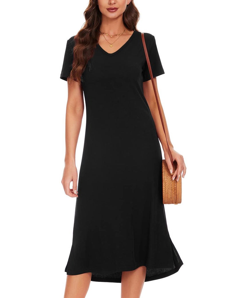 VOBCTY Women's Casual Tshirt Dress Short Sleeve Summer Soft Material V Neck Dresses Black Large - Image 1