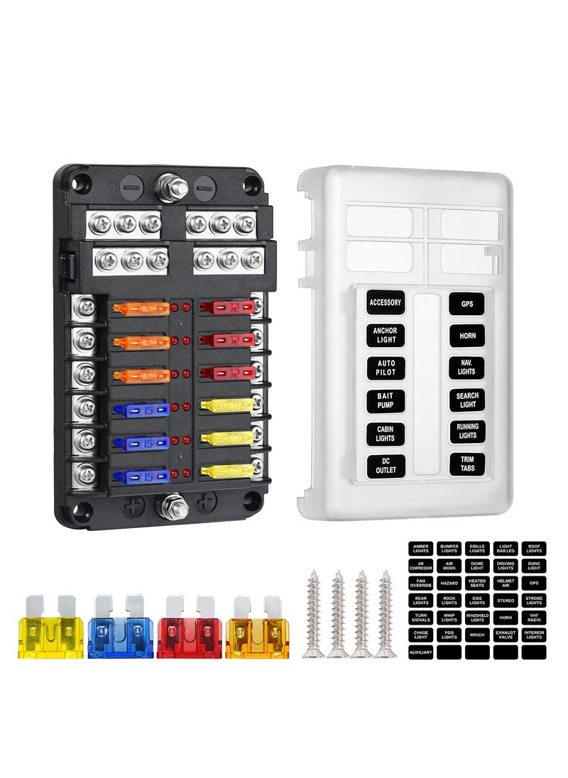 SYOSI 12 Way Fuse Block,12V Blade Fuse 12 Circuit ATC/ATO Waterproof Fuse Box Holder with LED Indicator Waterpoof Cover for 12V/24V Automotive Truck Boat Marine RV Van Vehicle (with 16 pcs Fuse)  - Image 1
