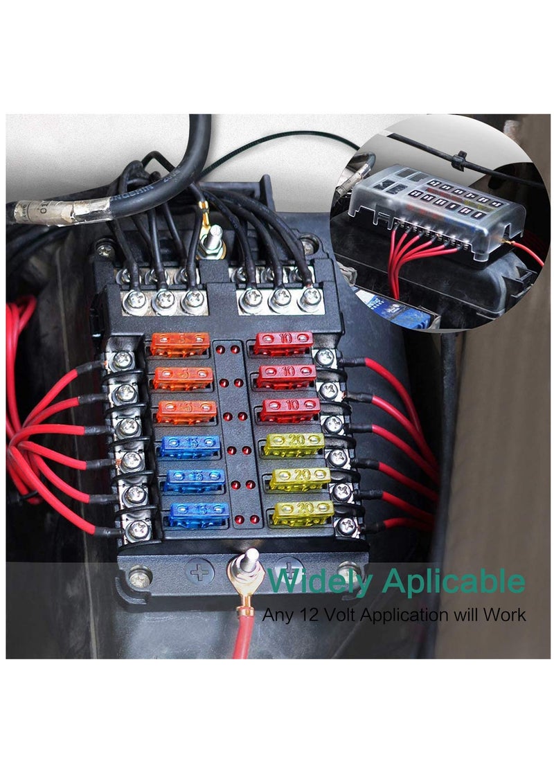 SYOSI 12 Way Fuse Block,12V Blade Fuse 12 Circuit ATC/ATO Waterproof Fuse Box Holder with LED Indicator Waterpoof Cover for 12V/24V Automotive Truck Boat Marine RV Van Vehicle (with 16 pcs Fuse)  - Image 2