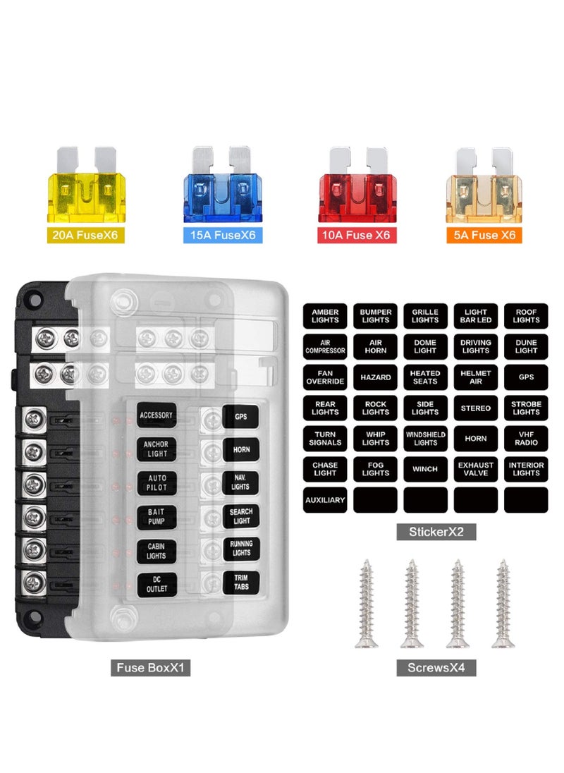SYOSI 12 Way Fuse Block,12V Blade Fuse 12 Circuit ATC/ATO Waterproof Fuse Box Holder with LED Indicator Waterpoof Cover for 12V/24V Automotive Truck Boat Marine RV Van Vehicle (with 16 pcs Fuse)  - Image 3