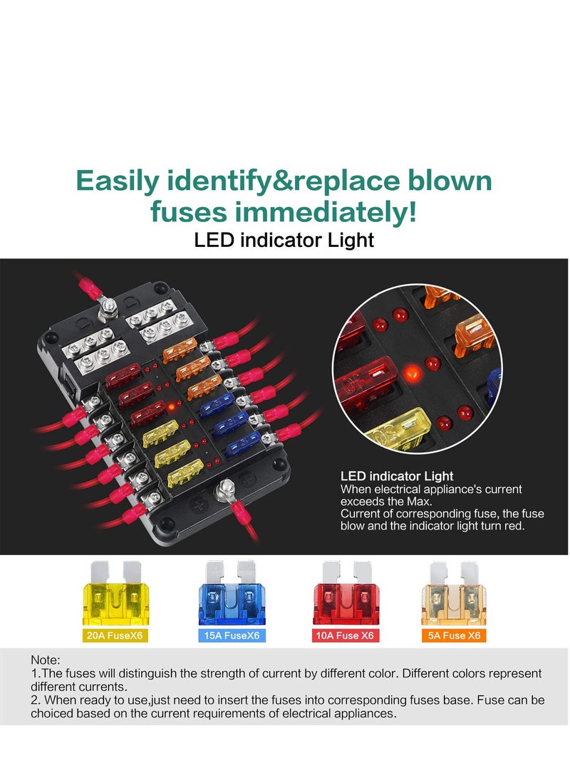 SYOSI 12 Way Fuse Block,12V Blade Fuse 12 Circuit ATC/ATO Waterproof Fuse Box Holder with LED Indicator Waterpoof Cover for 12V/24V Automotive Truck Boat Marine RV Van Vehicle (with 16 pcs Fuse)  - Image 4