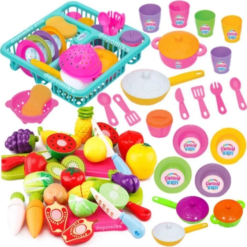 dede Grandfather Toy Dish Rack Plate Pot Set + 22 Piece Cuttable Toy Fruit Vegetable Set