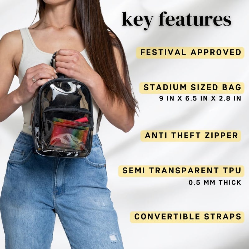 OTW ONTHEWAE Anti-Theft Black Clear Transparent Small Mini Backpack Convertible Straps Crossbody for Raves Stadium Festival Concert (Mini - Black) - Image 2
