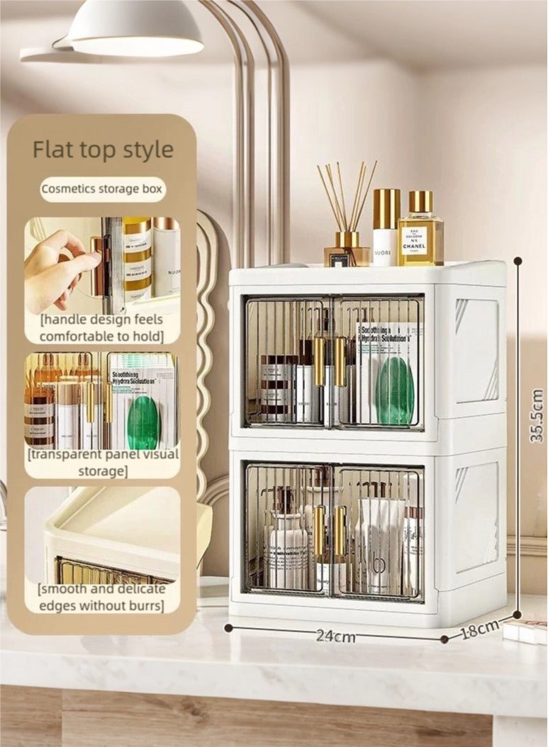 نيم خزانة عطور منظمات المكياج وعطور ومكياج قابل للطي - صندوق تخزين بسعة كبيرة لمستحضرات التجميل والإكسسوارات، مقاوم للغبار مع مساحة مخصصة لأحمر الشفاه والأقنعة | تخزين أنيق لطاولة المكياج - Image 2