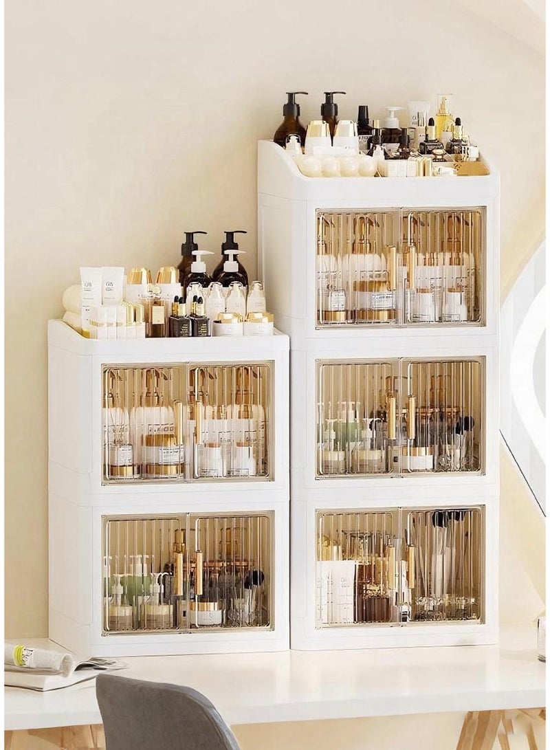 نيم خزانة عطور منظمات المكياج وعطور ومكياج قابل للطي - صندوق تخزين بسعة كبيرة لمستحضرات التجميل والإكسسوارات، مقاوم للغبار مع مساحة مخصصة لأحمر الشفاه والأقنعة | تخزين أنيق لطاولة المكياج - Image 3