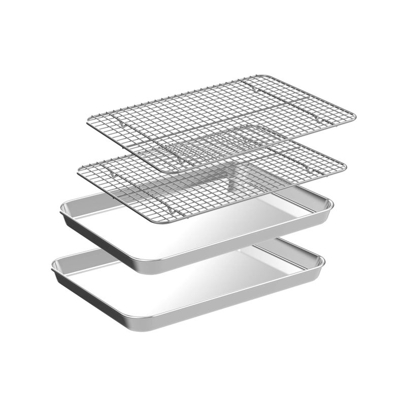 CEKEE Small Baking Sheet with Rack Set [2 Cookie Sheets + 2 Baking Racks], CEKEE Stainless Steel Small Baking Pan and Grill Rack - Rust & Warp Resistant & Nonstick, Size 9.33 x 6.96 x 1 Inch - Image 1