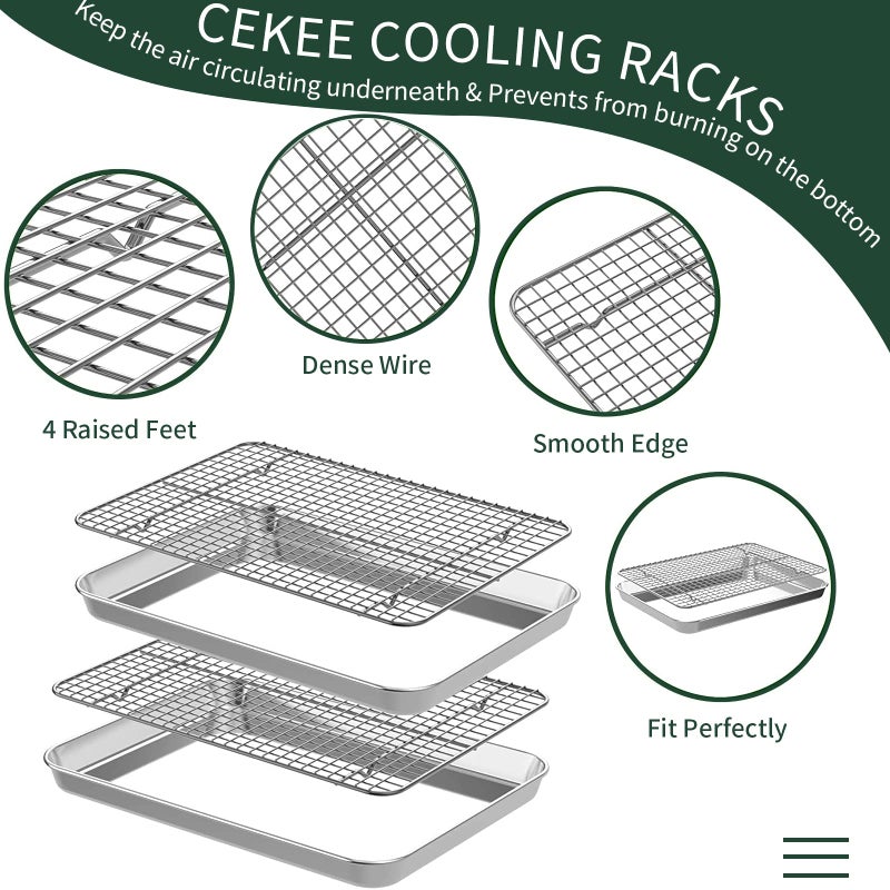 CEKEE Small Baking Sheet with Rack Set [2 Cookie Sheets + 2 Baking Racks], CEKEE Stainless Steel Small Baking Pan and Grill Rack - Rust & Warp Resistant & Nonstick, Size 9.33 x 6.96 x 1 Inch - Image 4