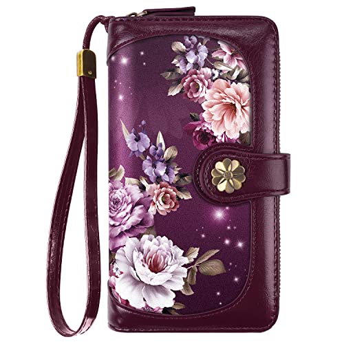 Coco Rossi Wallets for Women Multi Card Holder Wallet Clutch Wallet Card Holder Organizer Ladies Purse with Wrist strap Purse,Purple Flowers - Image 1
