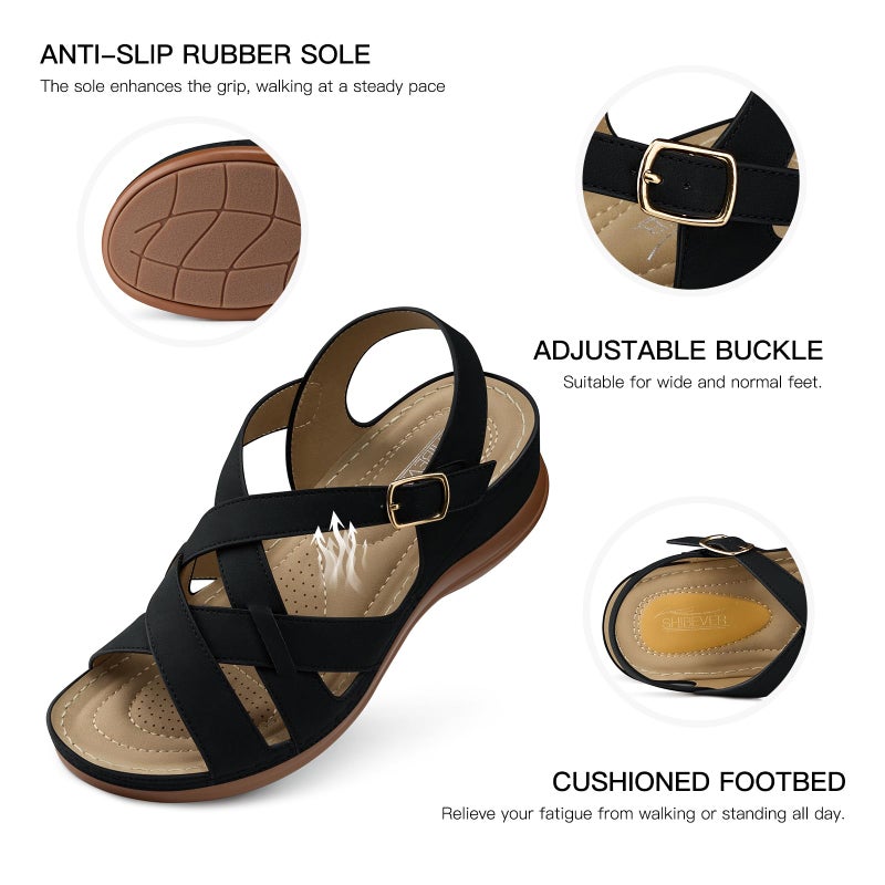 SHIBEVER Black Flat Sandals for Women Comfortable Dressy Open Toe Buckle Ankle Strap Sandals 2026 Walking Shoes for Beach Travel Summer Casual Size 8 - Image 5