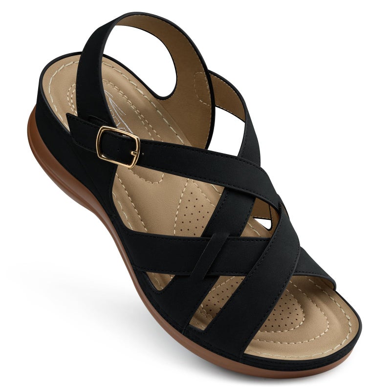 SHIBEVER Black Flat Sandals for Women Comfortable Dressy Open Toe Buckle Ankle Strap Sandals 2026 Walking Shoes for Beach Travel Summer Casual Size 8 - Image 1