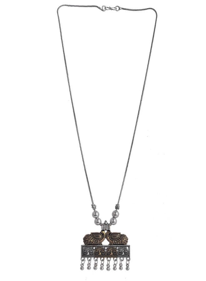 NAMAN ARTS Oxidised Dual Tone Carved Temple Peacock Pendant Necklace for Women | Antique Rectangular Tribal Charm with Beads | Pure Brass Lightweight Ethnic Chain Necklace - Image 2