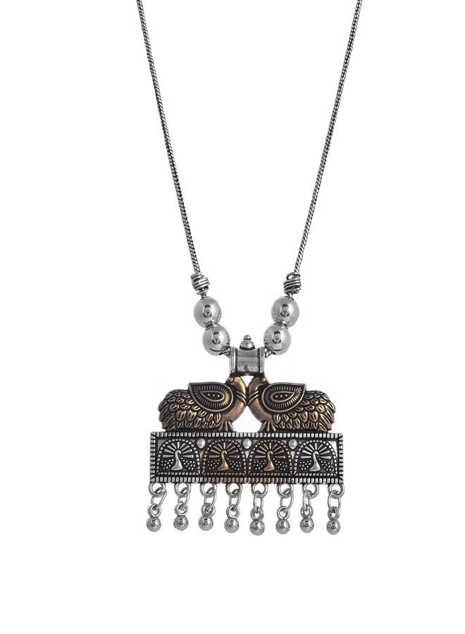 NAMAN ARTS Oxidised Dual Tone Carved Temple Peacock Pendant Necklace for Women | Antique Rectangular Tribal Charm with Beads | Pure Brass Lightweight Ethnic Chain Necklace - Image 1