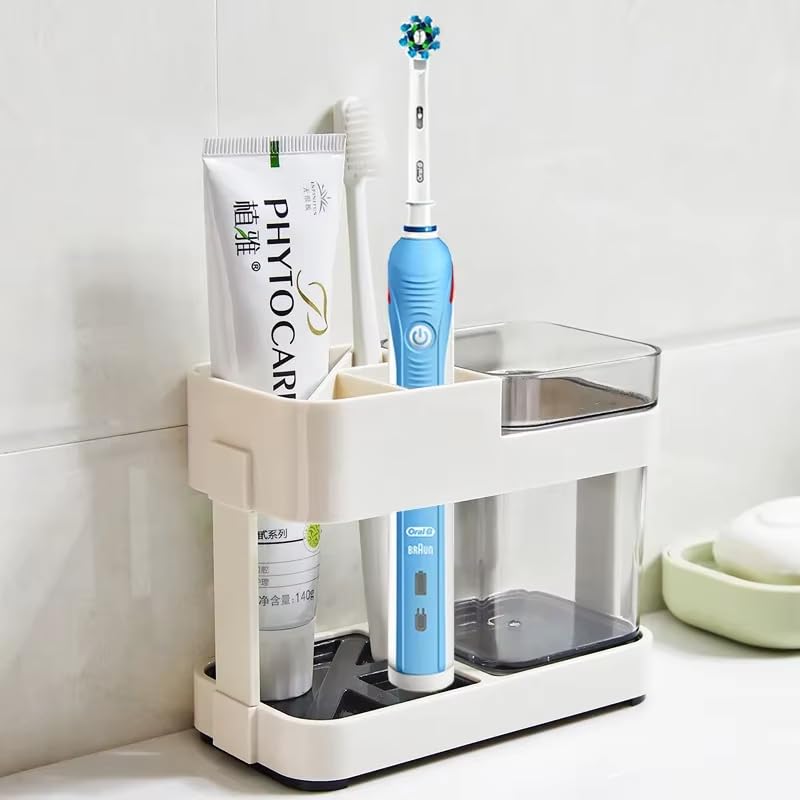 BSITFOW Plastic Bathroom Toothbrush Toothpaste Holder Stand Storage Organizer,Toothbrush Toothpaste Stand Holder Bathroom Storage Organizer,Bathroom Accessories(Off White)(1 pcs)(15X7.8 cm) - Image 3