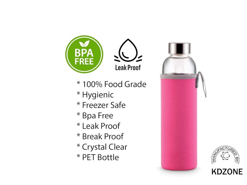 KD ZONE Glass Water Bottle with Pouch glass bottle cover Kids for Girls and Boys Fridge water leakproof air tight cap Transparent 1 - Image 2