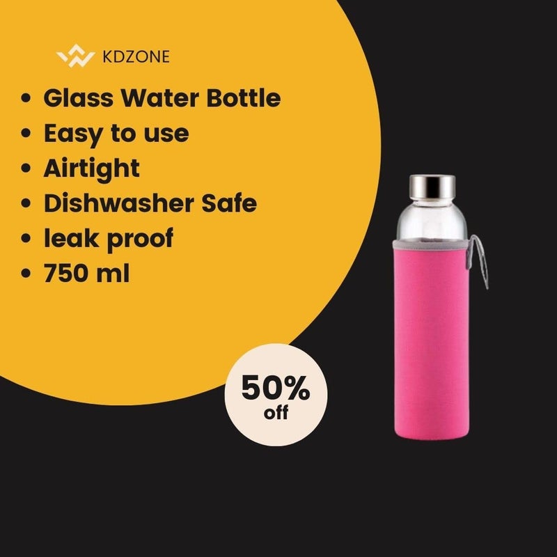 KD ZONE Glass Water Bottle with Pouch glass bottle cover Kids for Girls and Boys Fridge water leakproof air tight cap Transparent 1 - Image 3