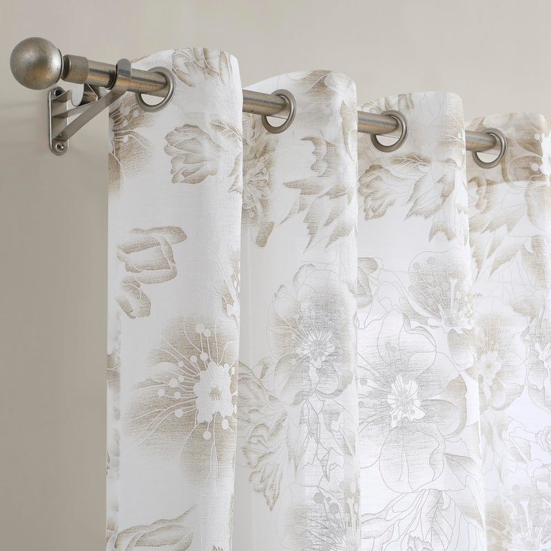 LinenZone White Living Room Curtains with Gold Flower Print and Embroidery. Sheer Textured Rustic Curtains with Floral Pattern for Cottage or Modern Farmhouse Decor. (Flora 54 x 84 Linen) - Image 2