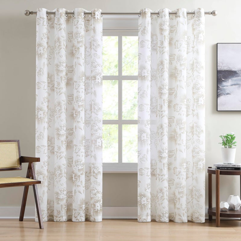 LinenZone White Living Room Curtains with Gold Flower Print and Embroidery. Sheer Textured Rustic Curtains with Floral Pattern for Cottage or Modern Farmhouse Decor. (Flora 54 x 84 Linen) - Image 1