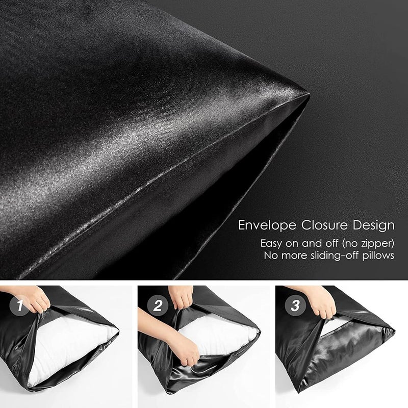 URLINENS مجموعة أغطية وسائد من الساتان - 2 غطاء وسادة أسود مقاس كوين، 1 قناع عين، 1 ربطة شعر - ساتان فاخر ناعم لحماية الشعر والبشرة، ترطيب وتقليل الاحتكاك - Image 4