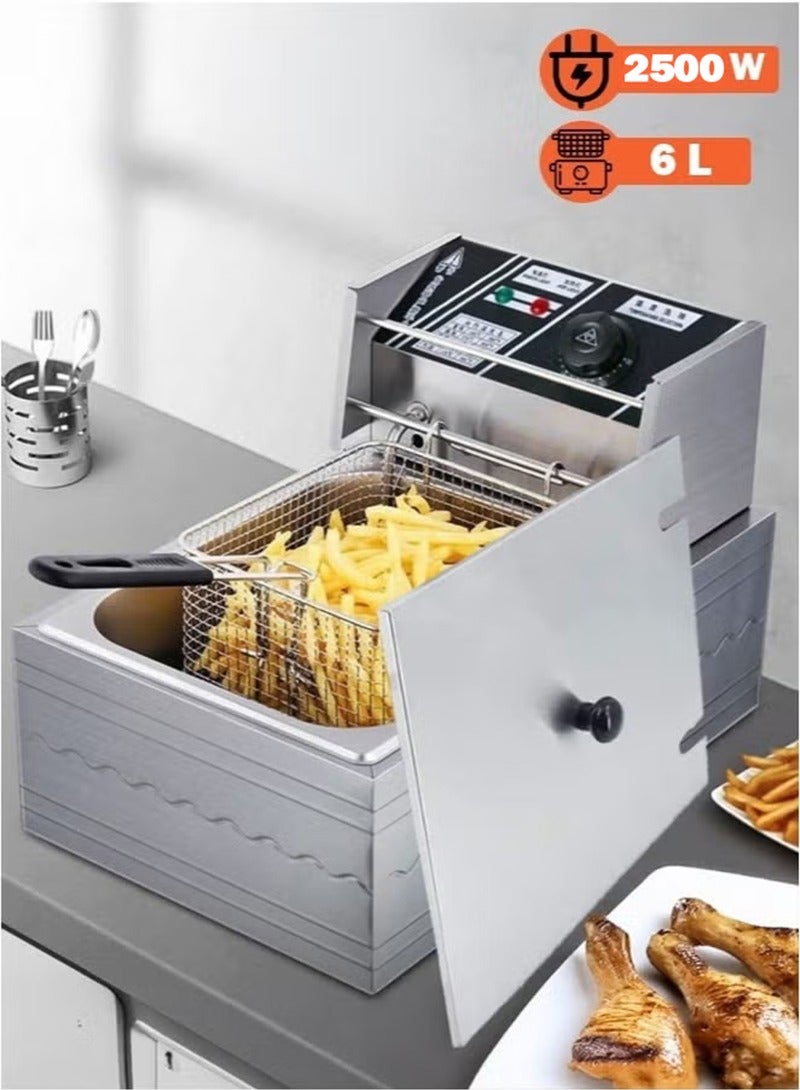 XiuWoo 6L 2500W Stainless Steel Deep Oil Fryer with Frying Basket Strainer, Adjustable Temperature and Timer, Removable Oil Container - Image 1