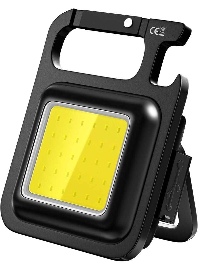 Generic Mini COB LED Keychain Flashlight – USB Rechargeable Pocket Light with 4 Modes, Carabiner Clip, Magnetic Base & Bottle Opener, Foldable Stand, Water-Resistant – Black – 1pcs - Image 1